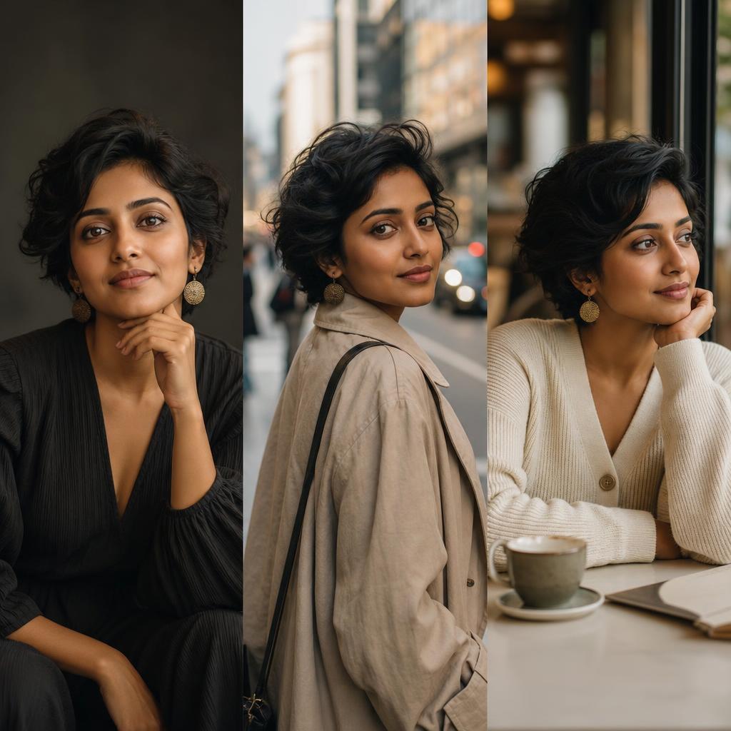 Editorial triptych of the same fictional woman in a studio, city street and cafe.