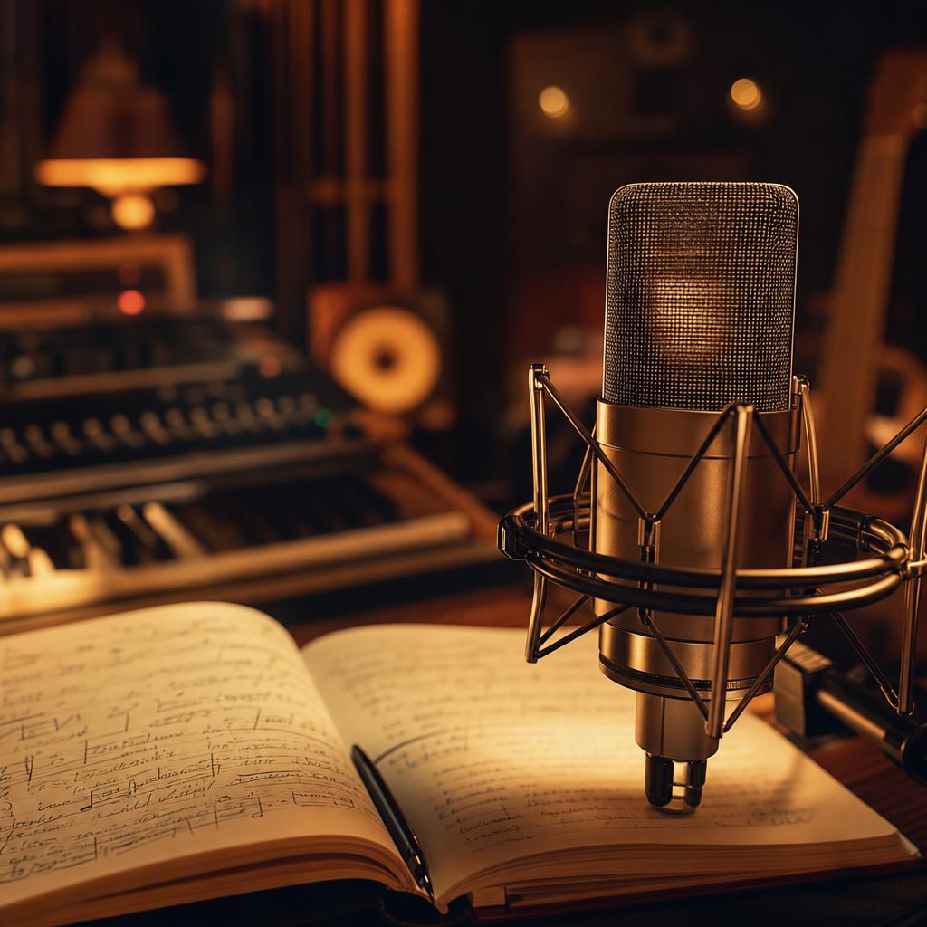 Studio microphone and open notebook in an atmospheric amber-lit recording studio.