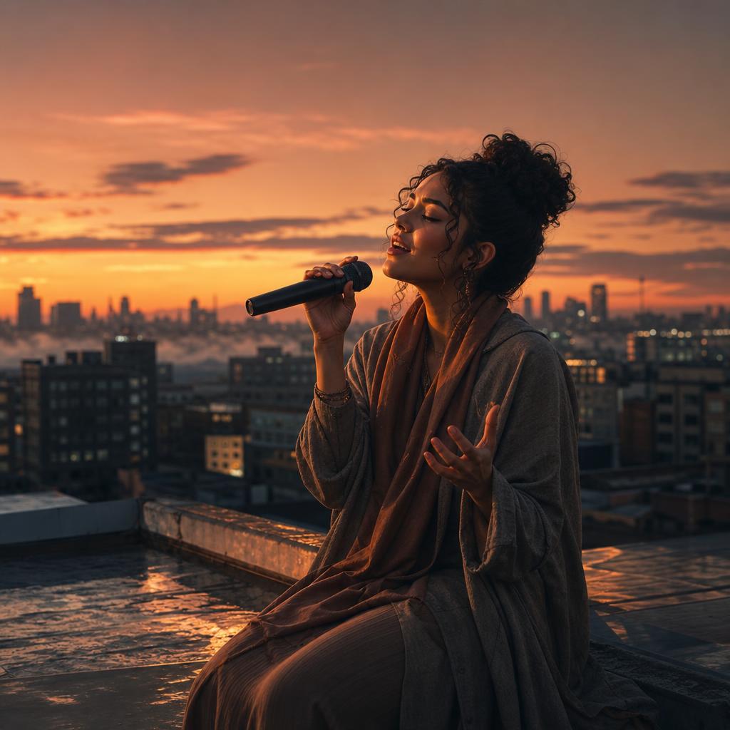 Fictional singer on a city rooftop at dawn, lit by warm cinematic light.