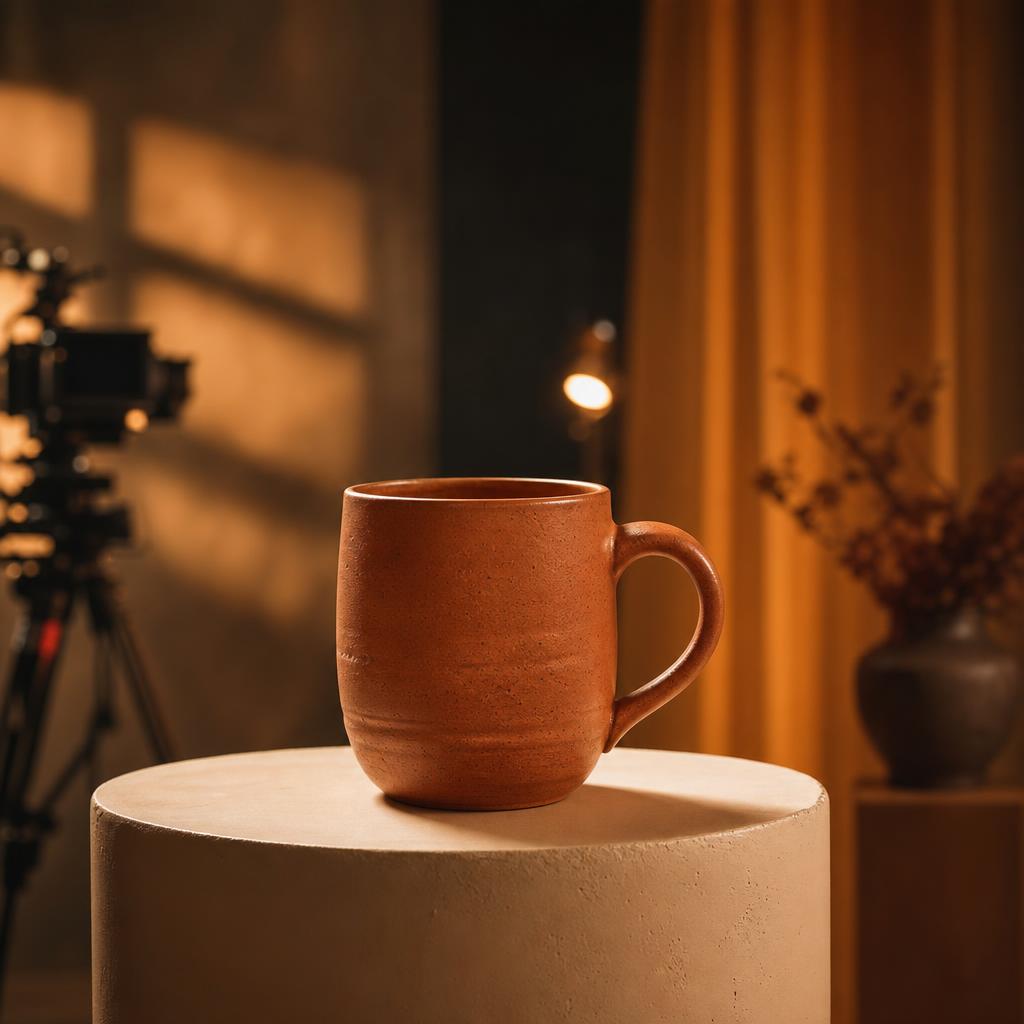 Terracotta ceramic mug on a studio pedestal with warm cinematic lighting.